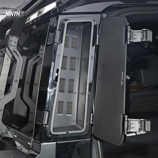 Lockable rear D-pillar storage box for Defender L663 90/110/130, installed view