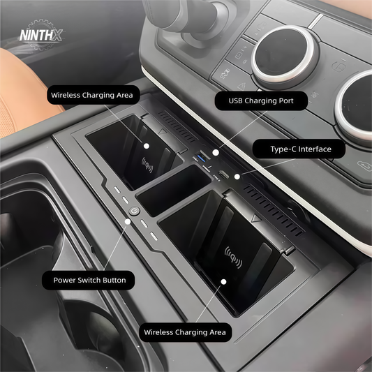 15W fast wireless charger center console for Defender L663 90/110/130, installed view