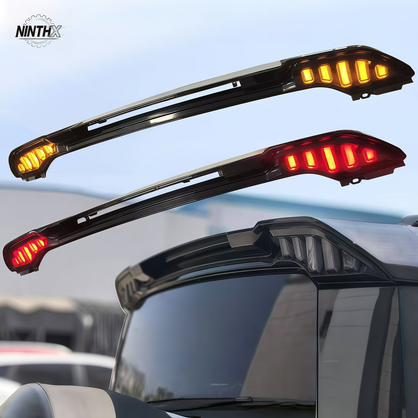 Dynamic start-up animation rear roof wing, front angle view
