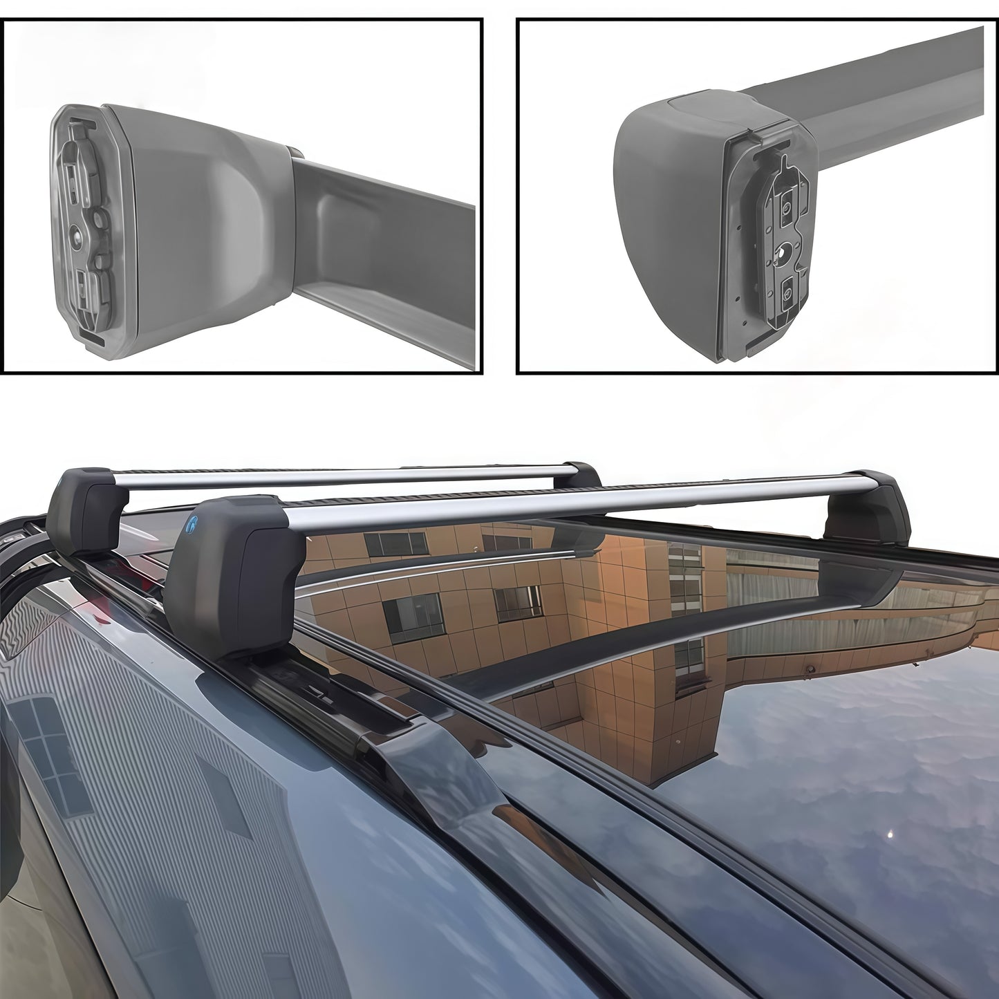 Lockable anti-theft roof carrier rails, rear angle view
