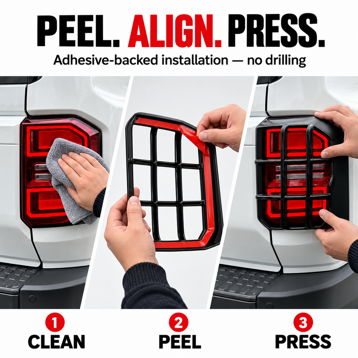 Three-step adhesive installation guide for Prado LC250 tail light guards: clean, peel and press.