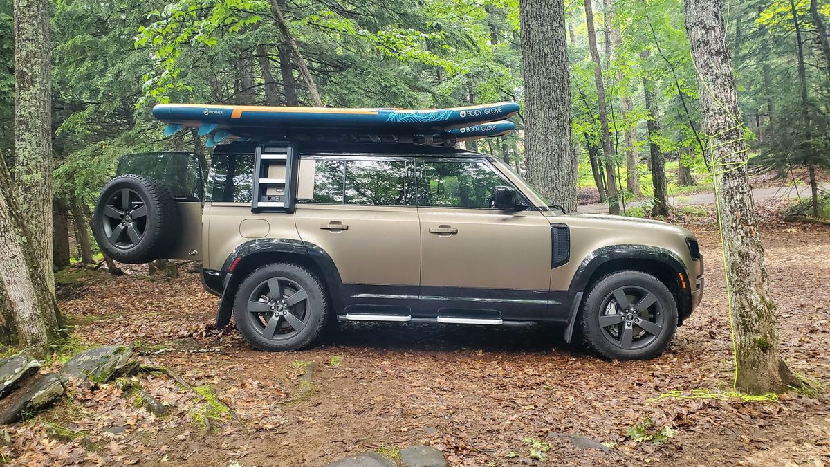 Land Rover Defender 110 loaded for an overland trip