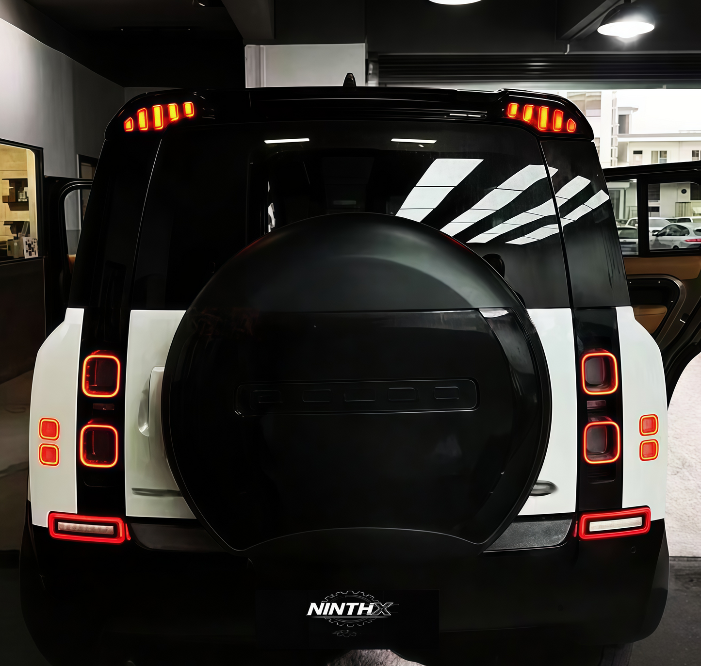 Mechanical LED spoiler with sequential lights for Defender L663 90/110/130, installed view