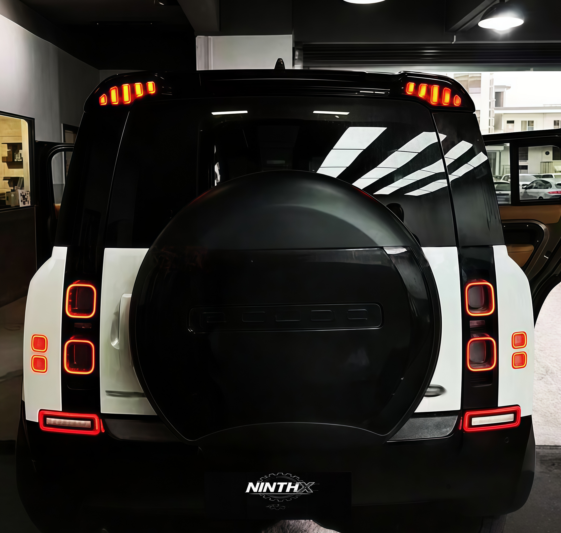 Mechanical LED spoiler with sequential lights for Defender L663 90/110/130, installed view