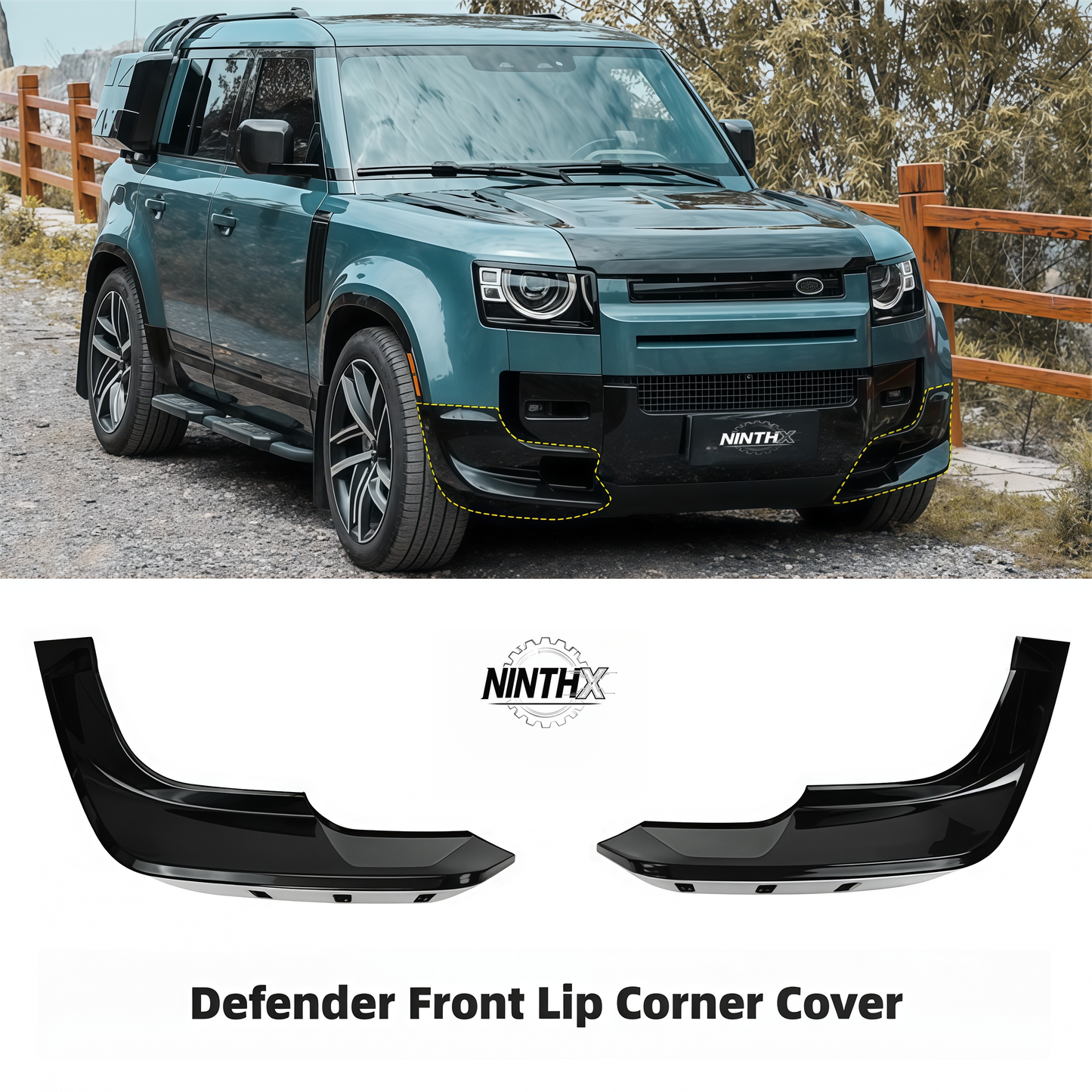 Gloss-black front bumper lip splitter for Defender L663 90/110/130, installed view