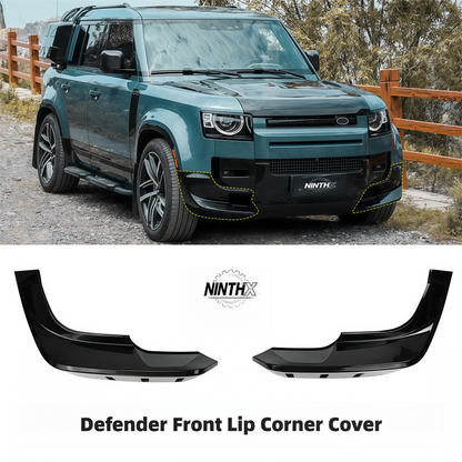 Gloss-black front bumper lip splitter for Defender L663 90/110/130, installed view