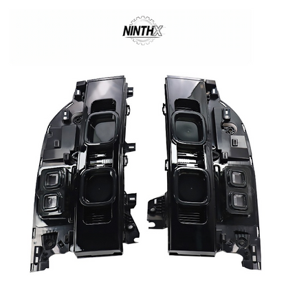 Aggressive stealth dark rear brake lamps, close-up detail