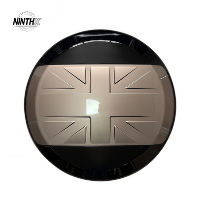 Hard-shell UK-flag spare tire protector, finish detail