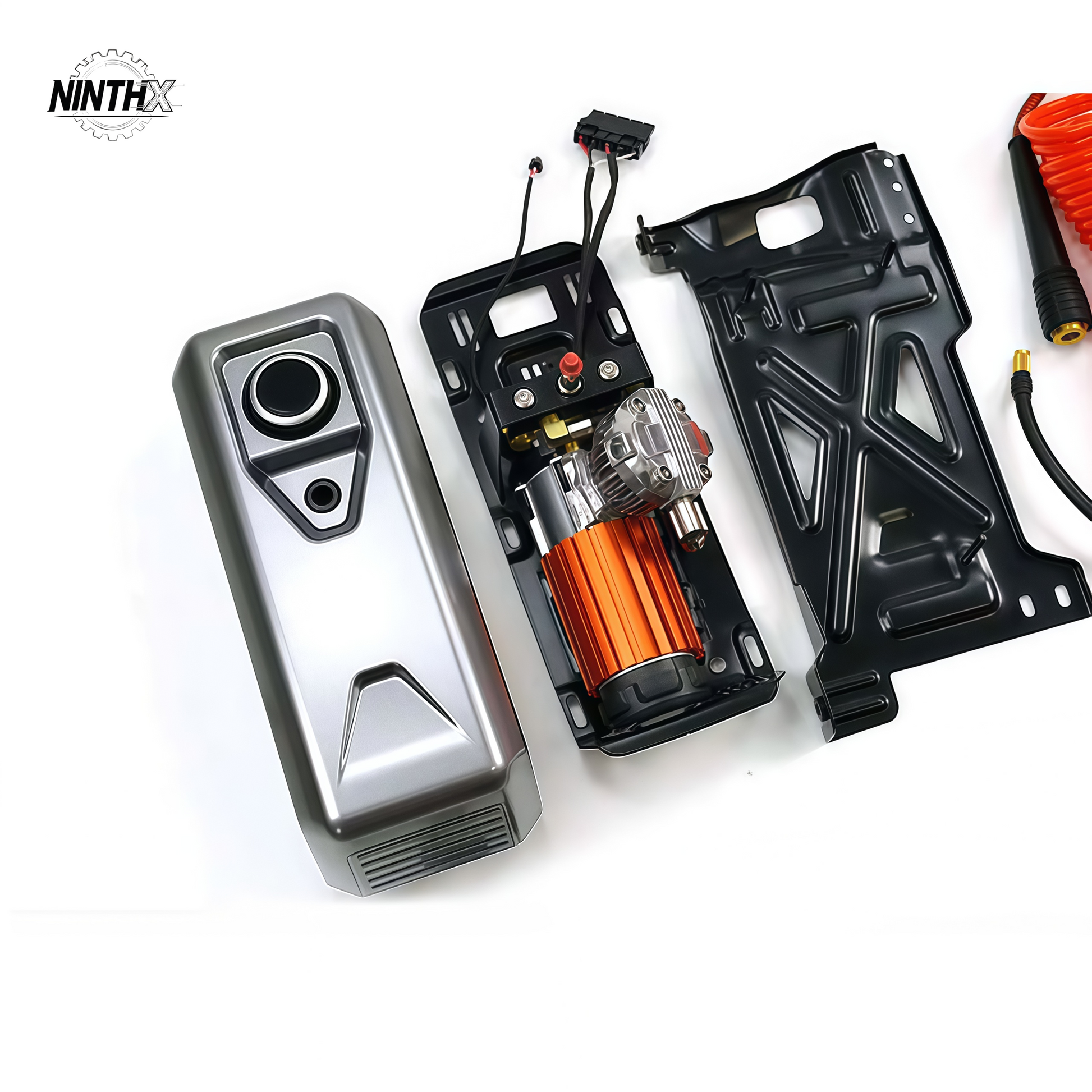 Integrated onboard air compressor tire inflator, detail view
