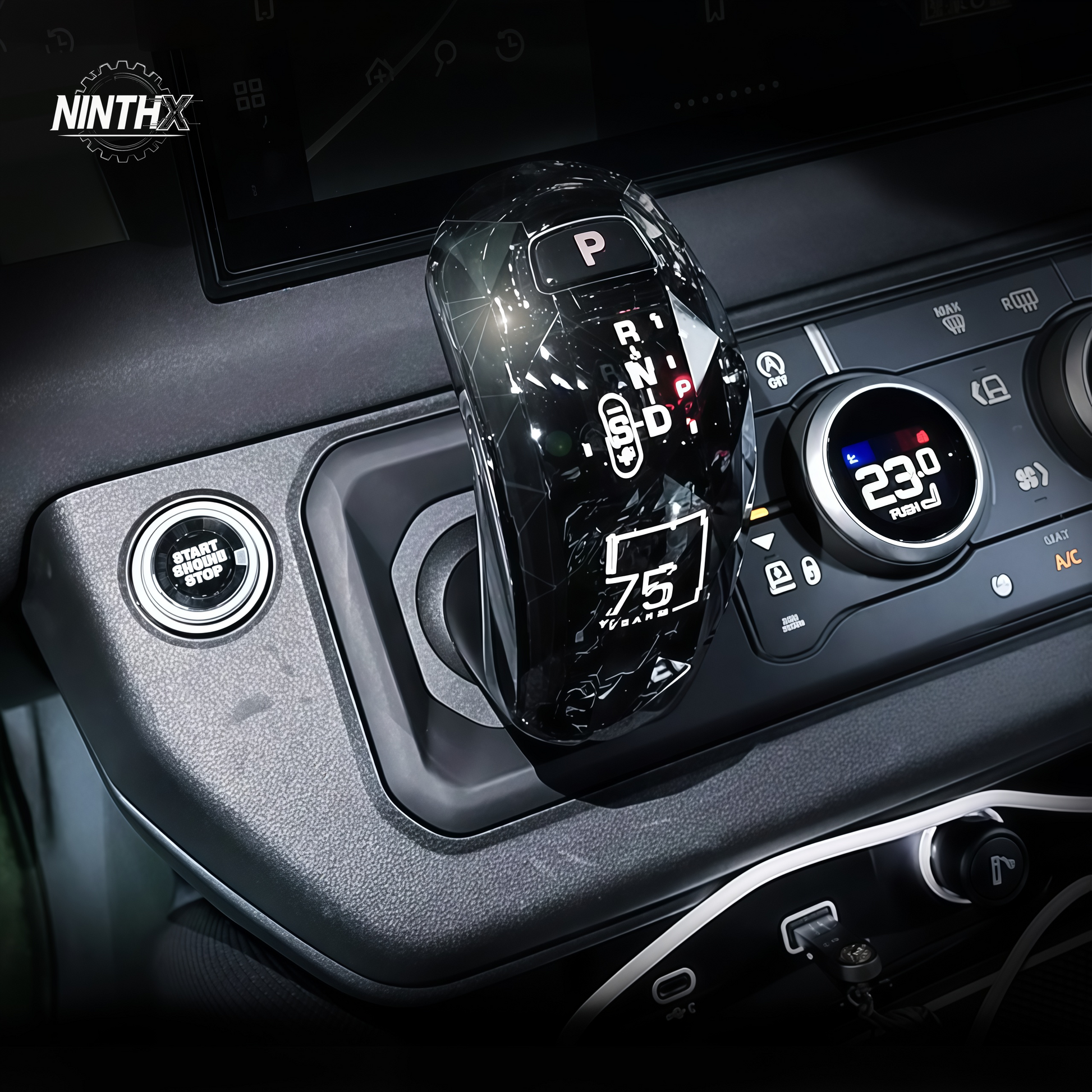 LED-illuminated crystal gear selector for Defender L663 90/110/130, installed view
