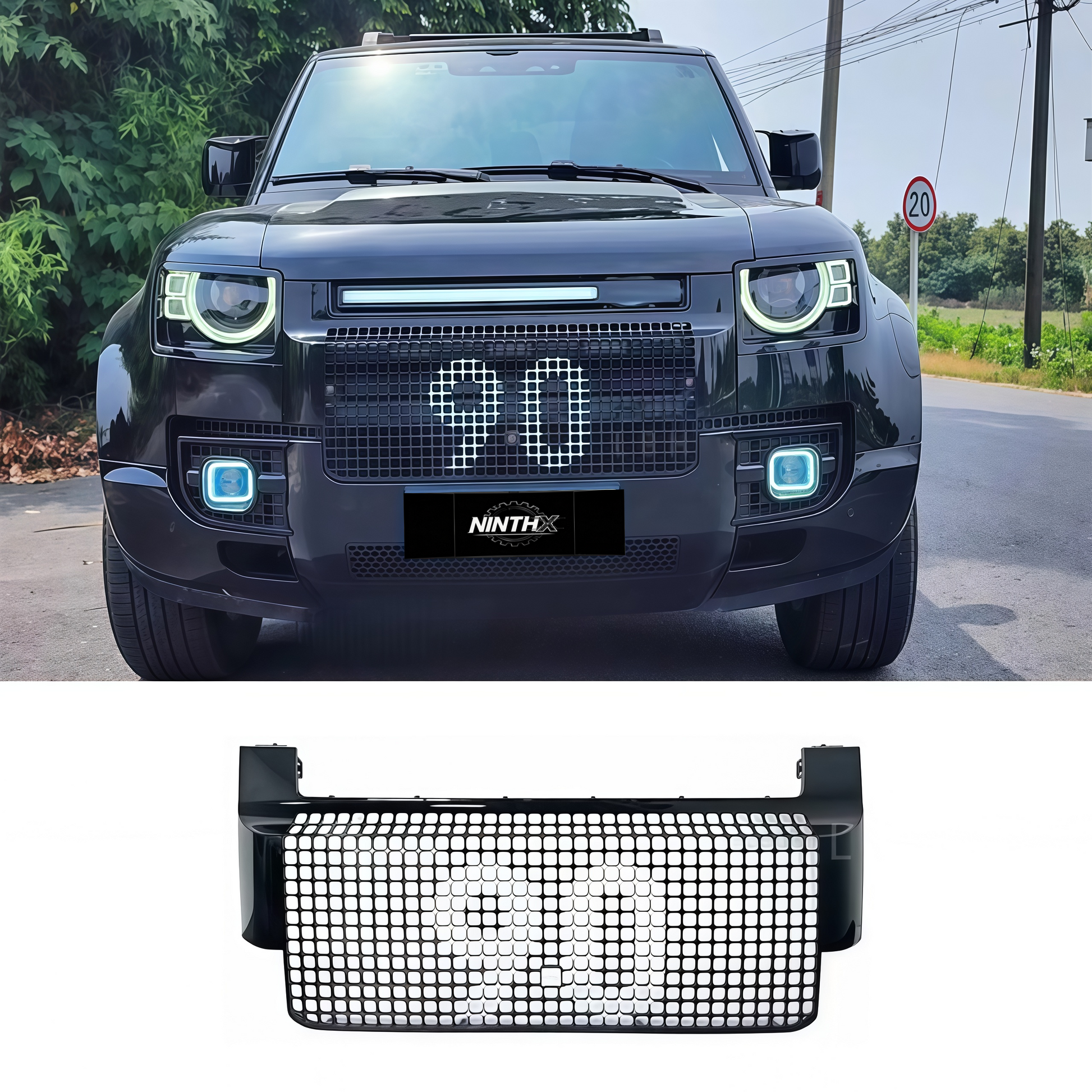 Aggressive stealth front bumper grille, rear angle view