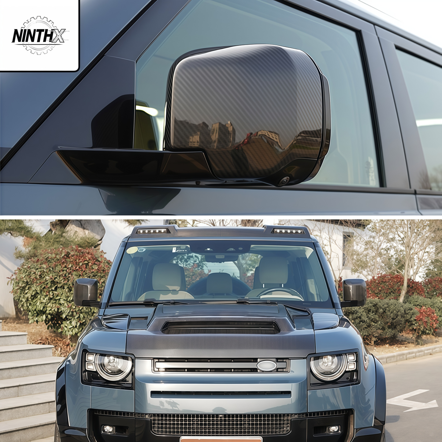 UV-protected gloss carbon mirror upgrade fits Defender L663 90/110/130, fitment view