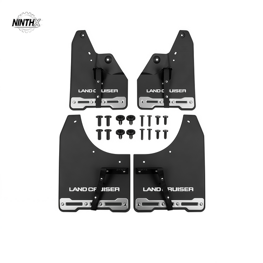 Set of four black mud flaps with Land Cruiser logo and hardware for LC250