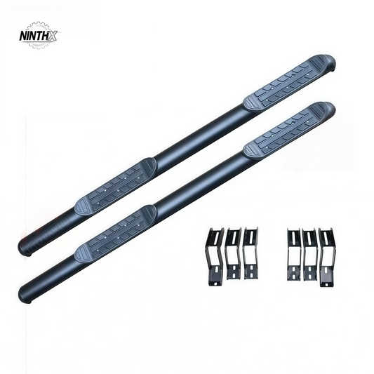 Pair of black round-tube side steps with step pads and brackets for Toyota Land Cruiser Prado LC250