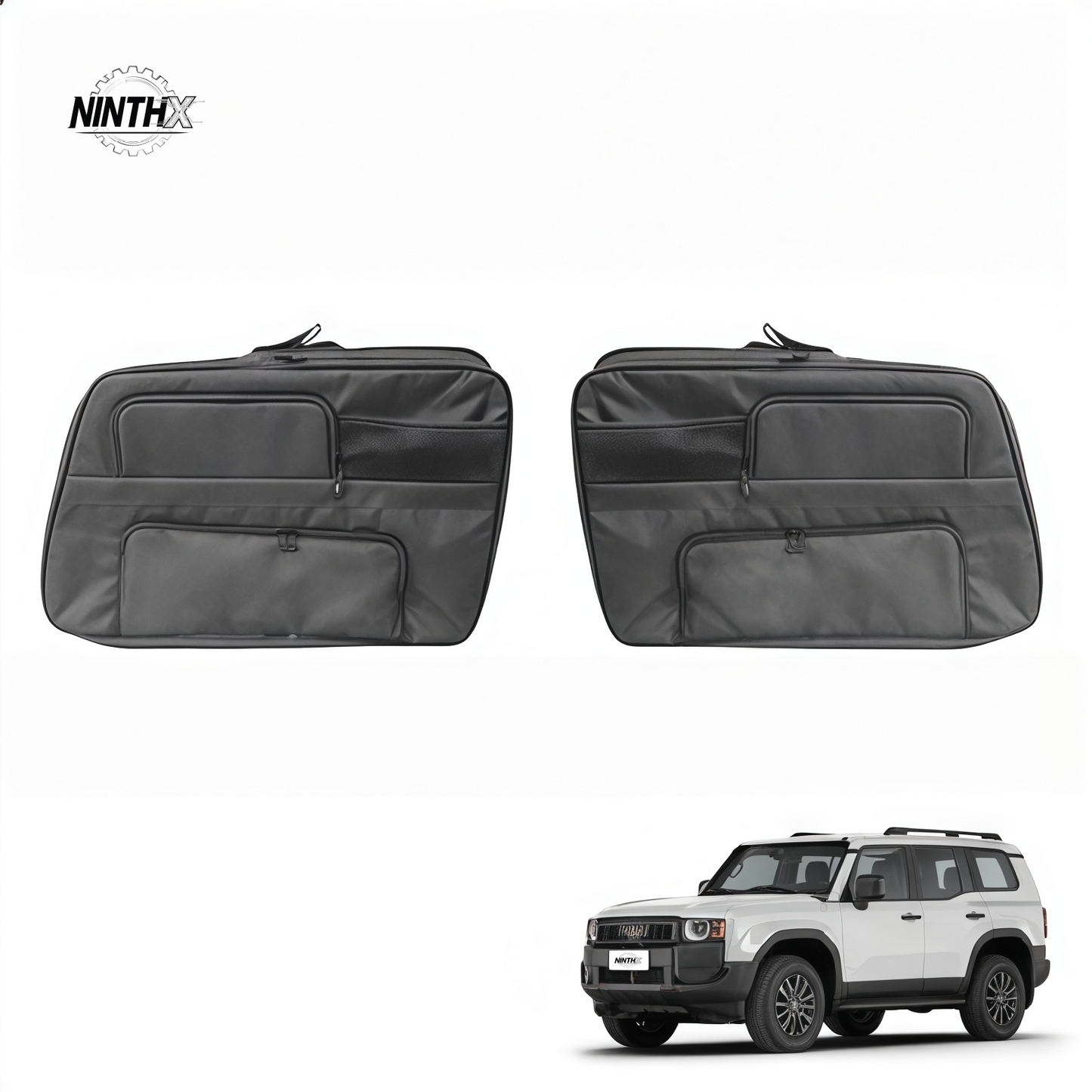 Pair of black padded cargo side window storage organizers with zip pockets shown with a white Land Cruiser Prado LC250