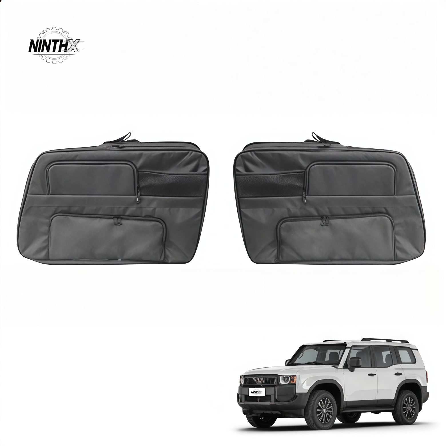 Pair of black padded cargo side window storage organizers with zip pockets shown with a white Land Cruiser Prado LC250