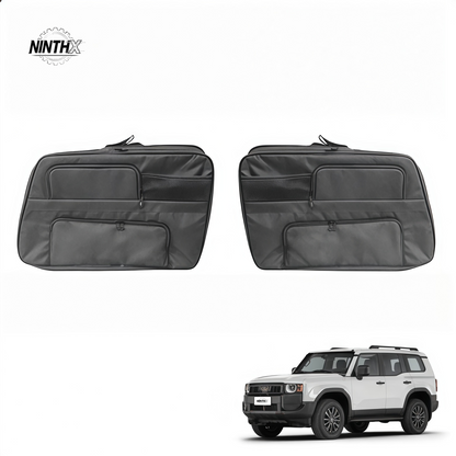 Pair of black padded cargo side window storage organizers with zip pockets shown with a white Land Cruiser Prado LC250