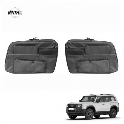 Pair of black padded cargo side window storage organizers with zip pockets shown with a white Land Cruiser Prado LC250