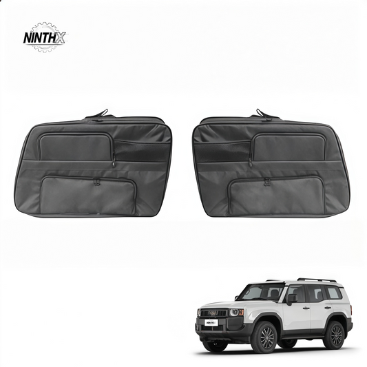 Pair of black padded cargo side window storage organizers with zip pockets shown with a white Land Cruiser Prado LC250