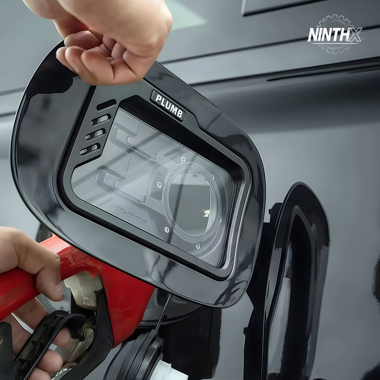 Transparent tempered-glass fuel filler door for Defender L663 90/110/130, installed view