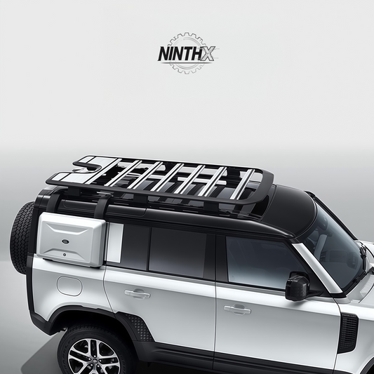 Heavy-duty alloy expedition roof rack basket for Defender L663 90/110, installed view