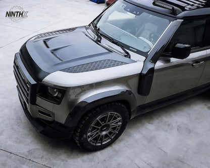 Lightweight aluminum SVR-style bonnet for Defender L663 2020-2025, installed view