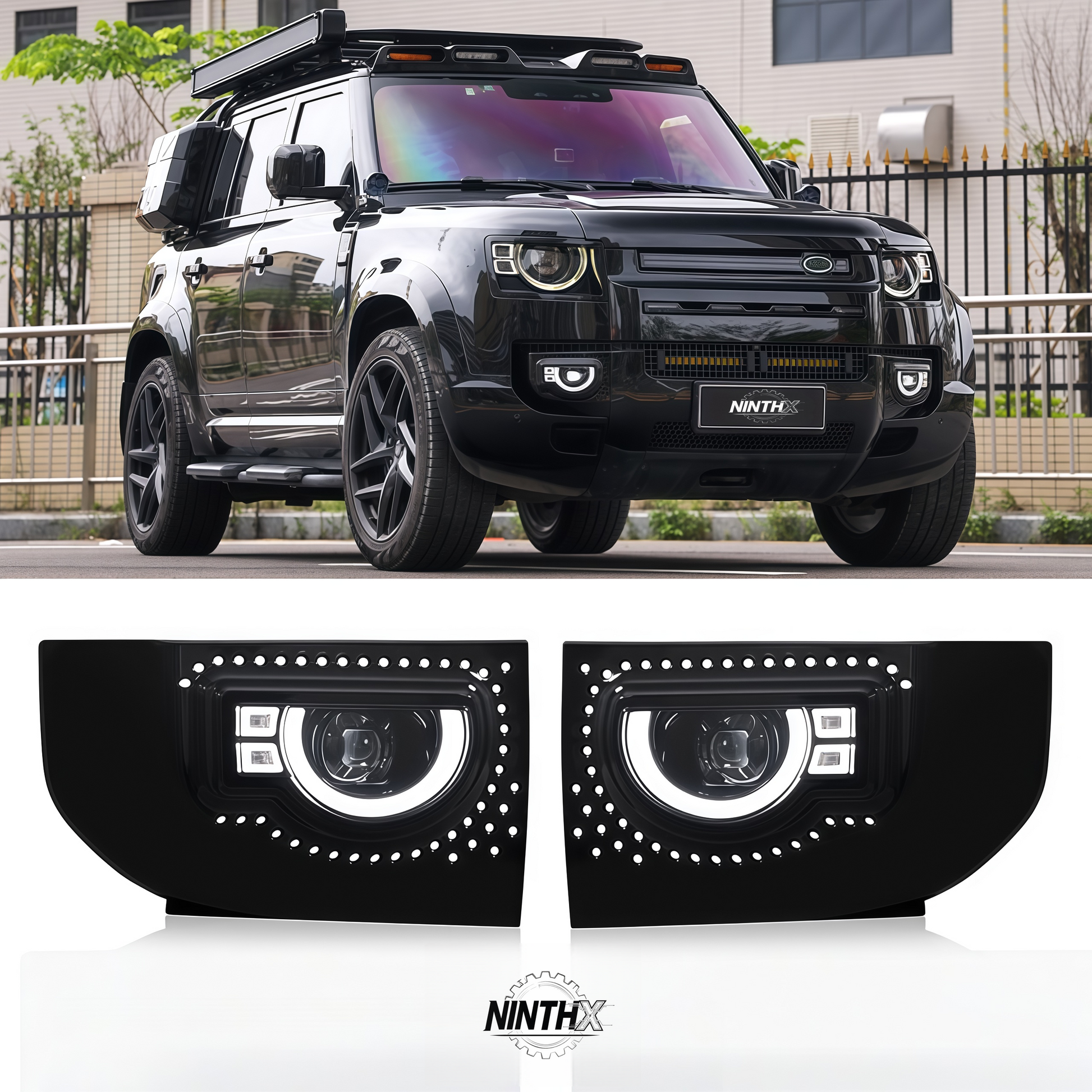 LED fog lights with DRL dynamic turn signal for Defender L663 90/110/130, installed view