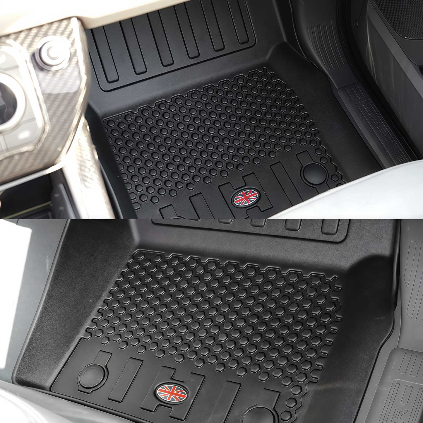 Custom-fit TPE waterproof floor liners for Defender L663 90/110, installed view