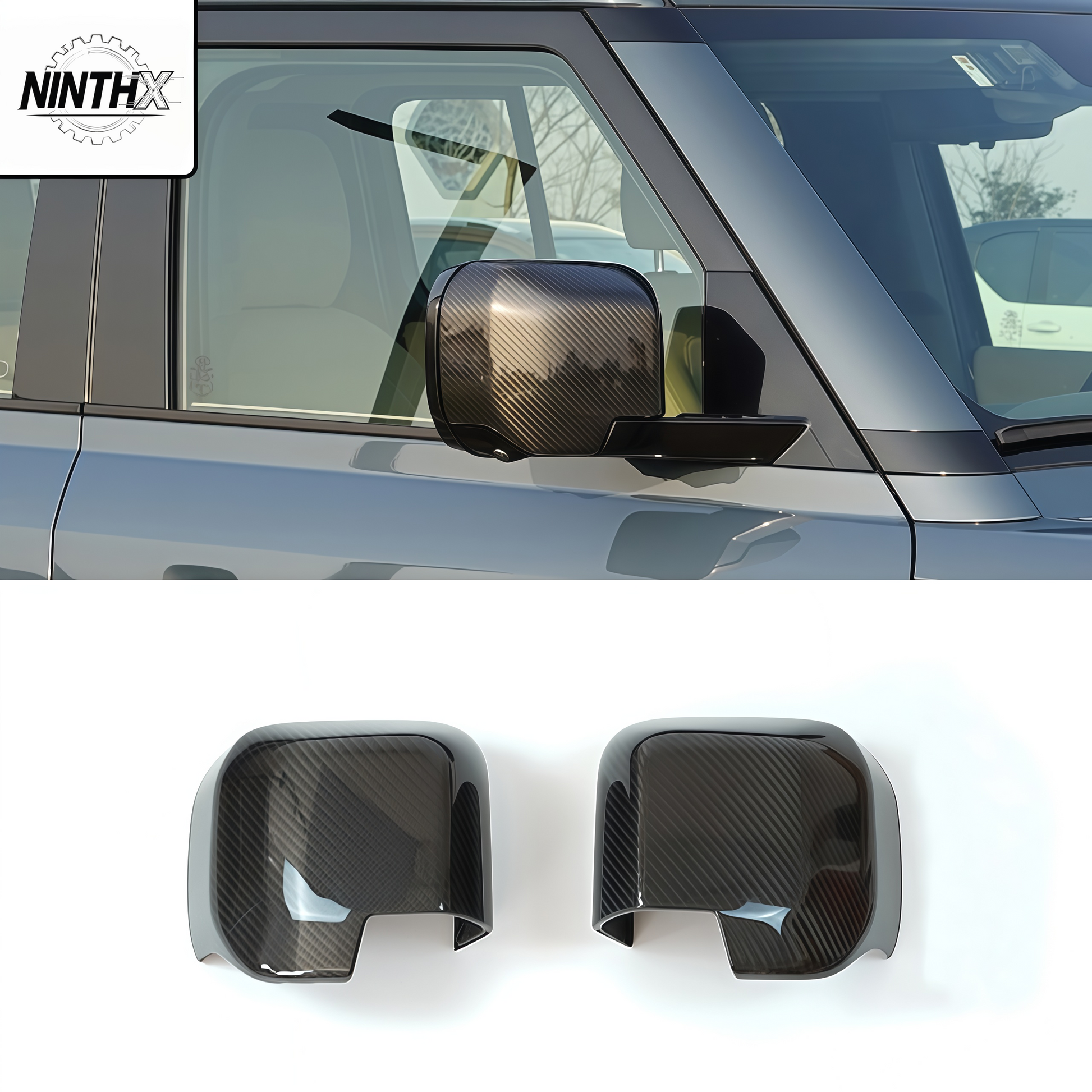 Dry carbon fiber wing mirror covers for Defender L663 90/110/130, installed view