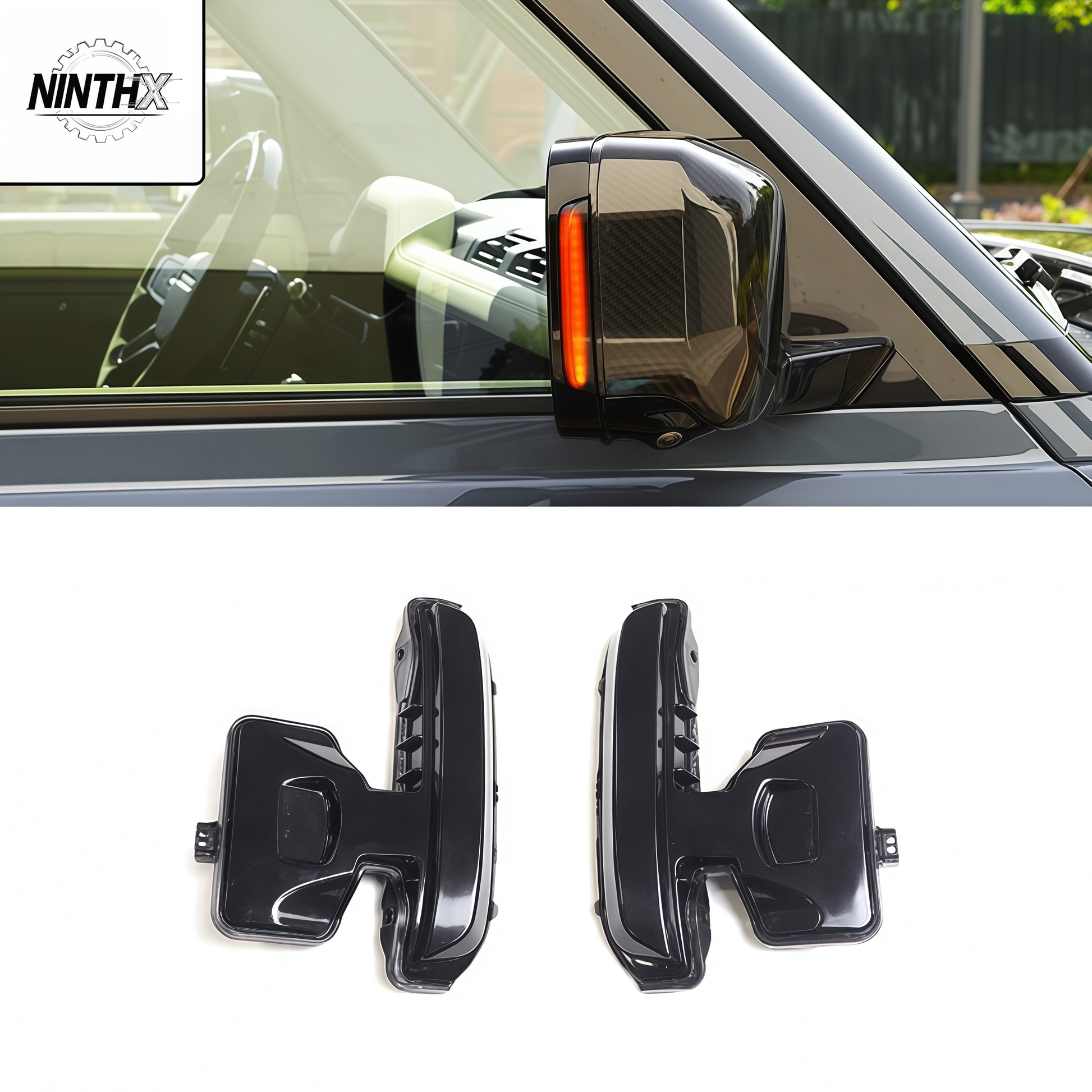 Smoked-lens dynamic turn signal mirror light, close-up detail