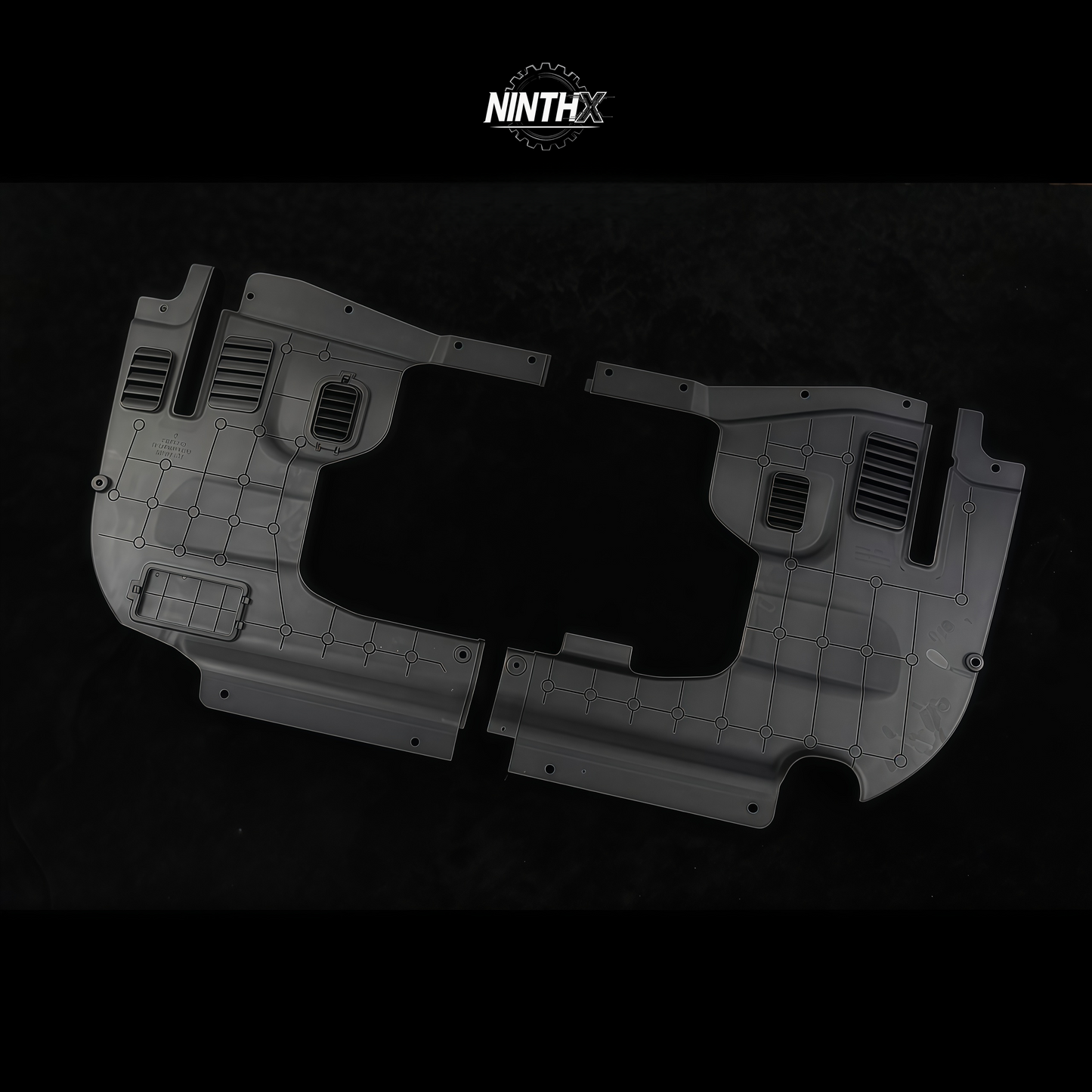 Dust-proof engine compartment trim panels, close-up detail