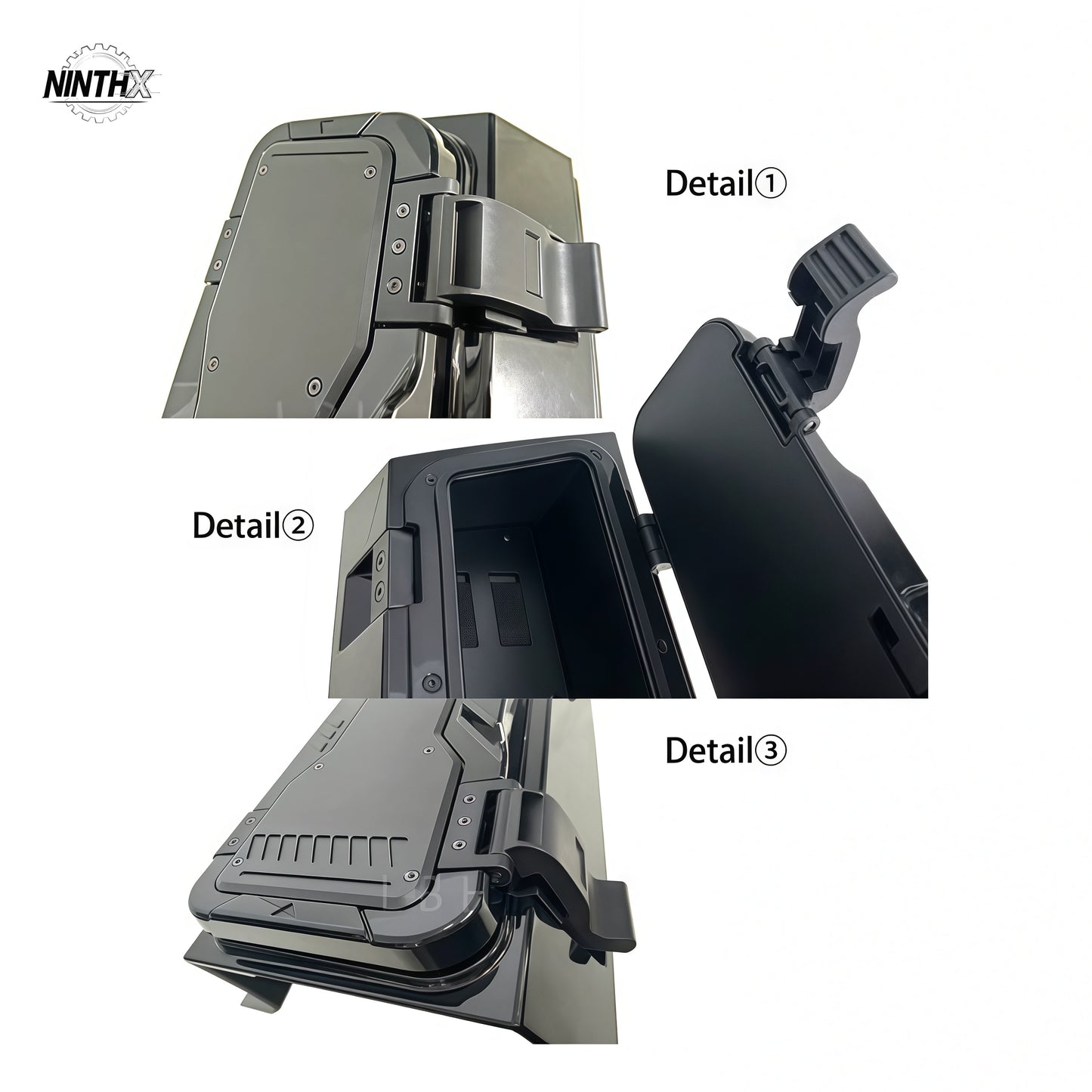 Weatherproof exterior overlanding gear cubby, close-up detail