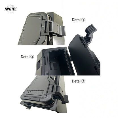 Weatherproof exterior overlanding gear cubby, close-up detail