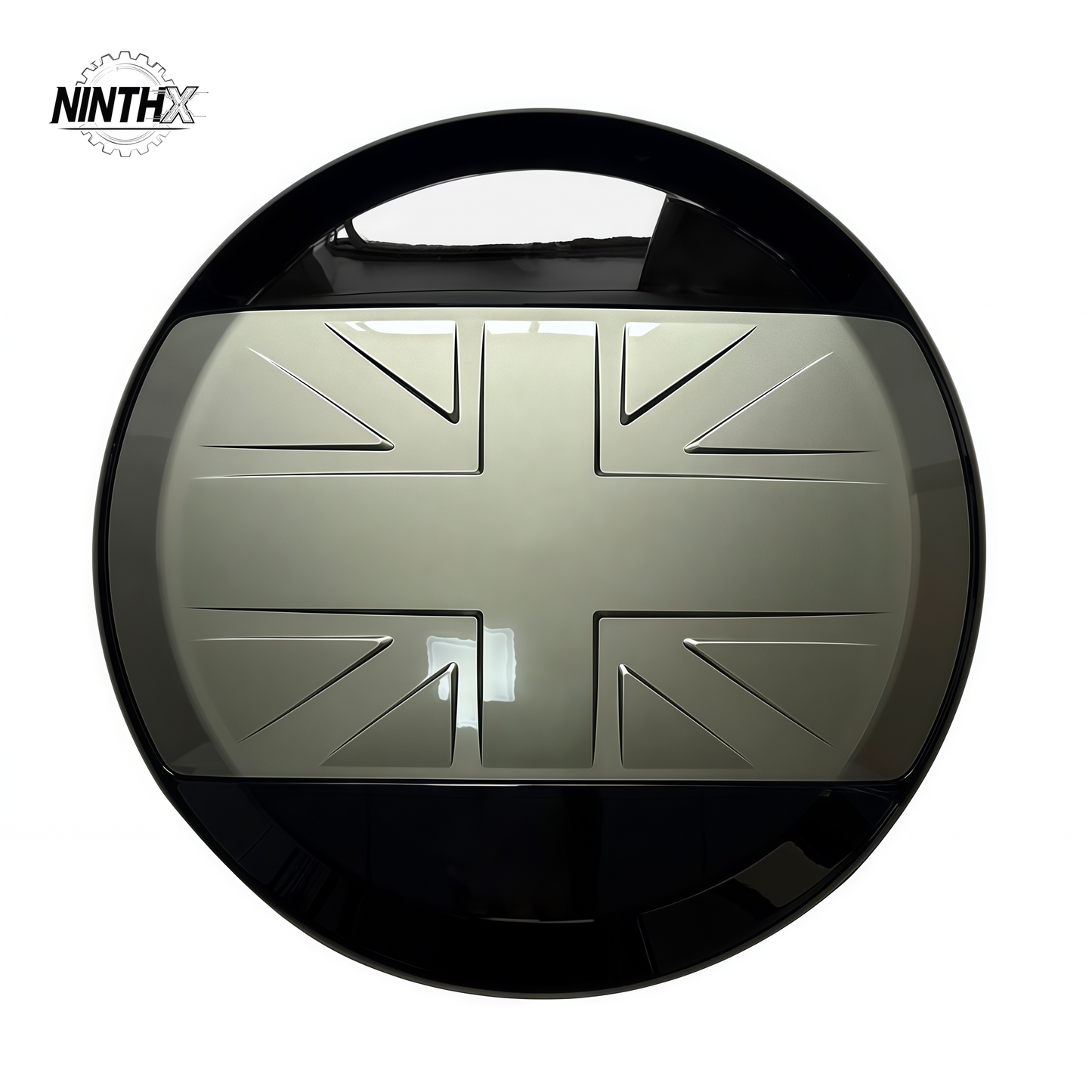 British-flag heritage spare wheel cover, close-up detail