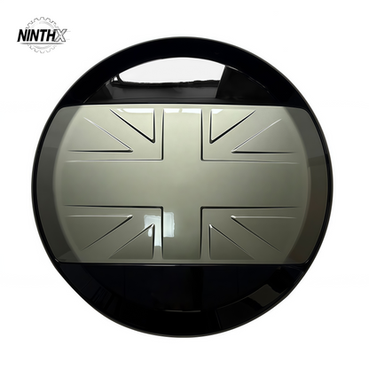 British-flag heritage spare wheel cover, close-up detail