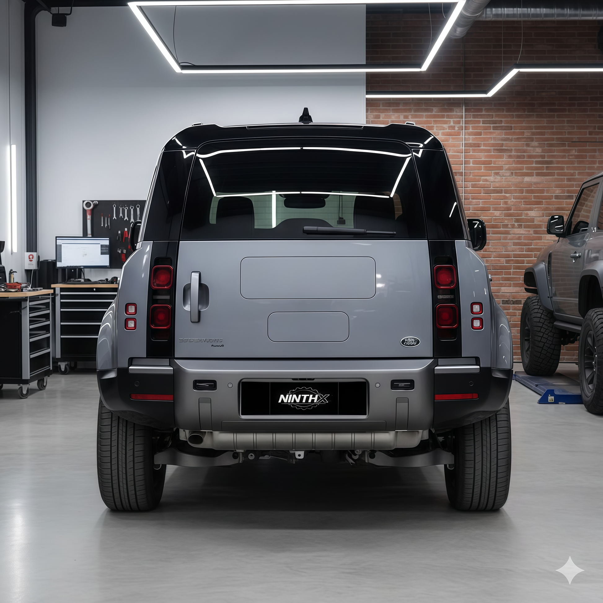Gloss-black hard-shell spare wheel tire cover for Defender L663 90/110/130, installed view