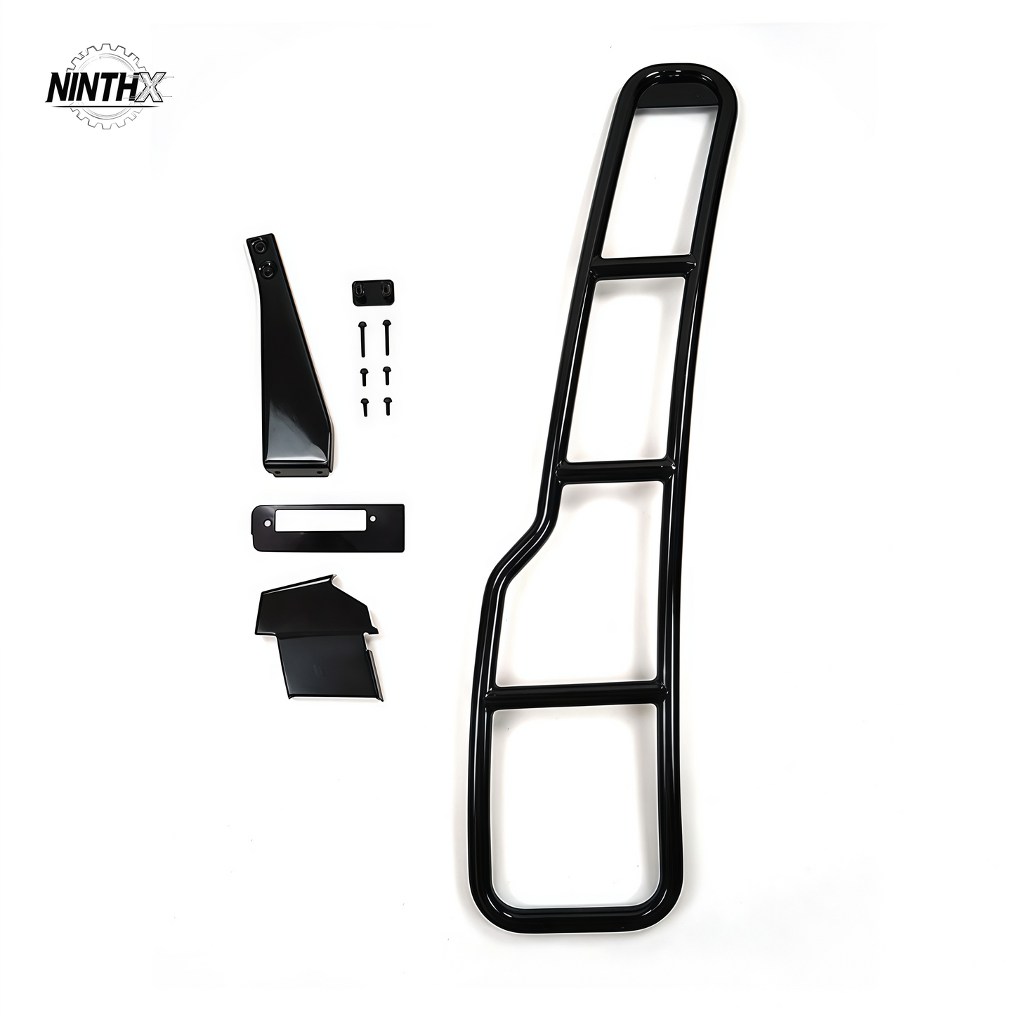 Rear door roof rack access ladder, close-up detail