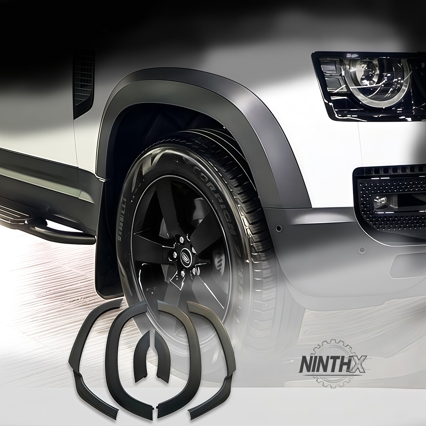 Matte-black off-road mud guard flares, close-up detail