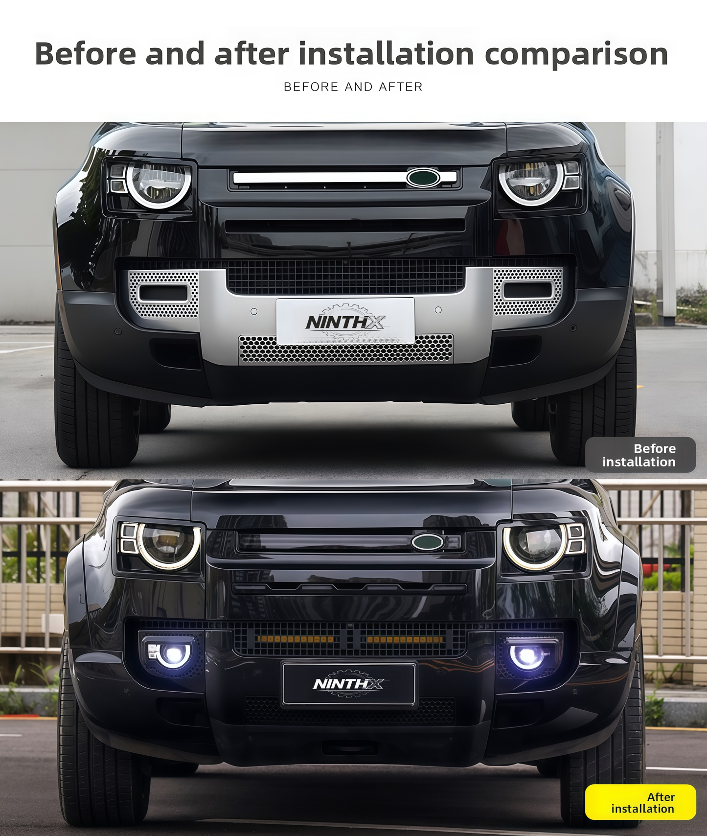 Plug-and-play sequential indicator fog lights fits Defender L663 90/110/130, fitment view