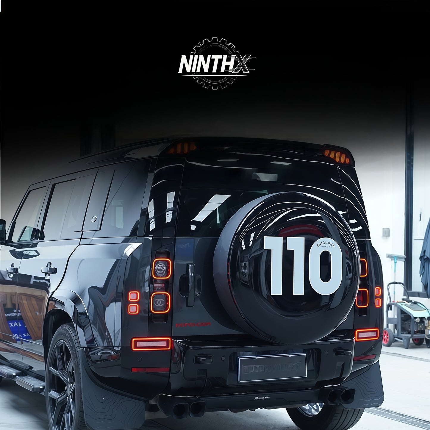 Premium gloss-black Chelsea-style tire cover fits Defender L663 90/110/130, fitment view