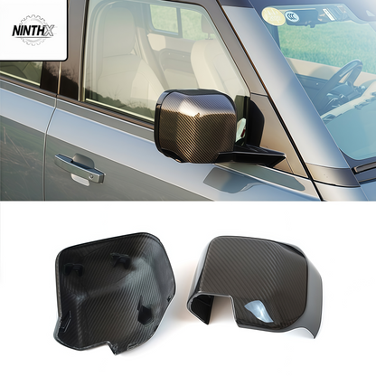 Direct-replacement carbon mirror caps, close-up detail
