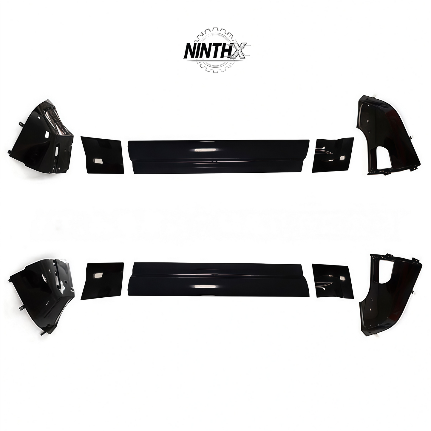 Gloss-black side skirts lower moulding kit, front angle view