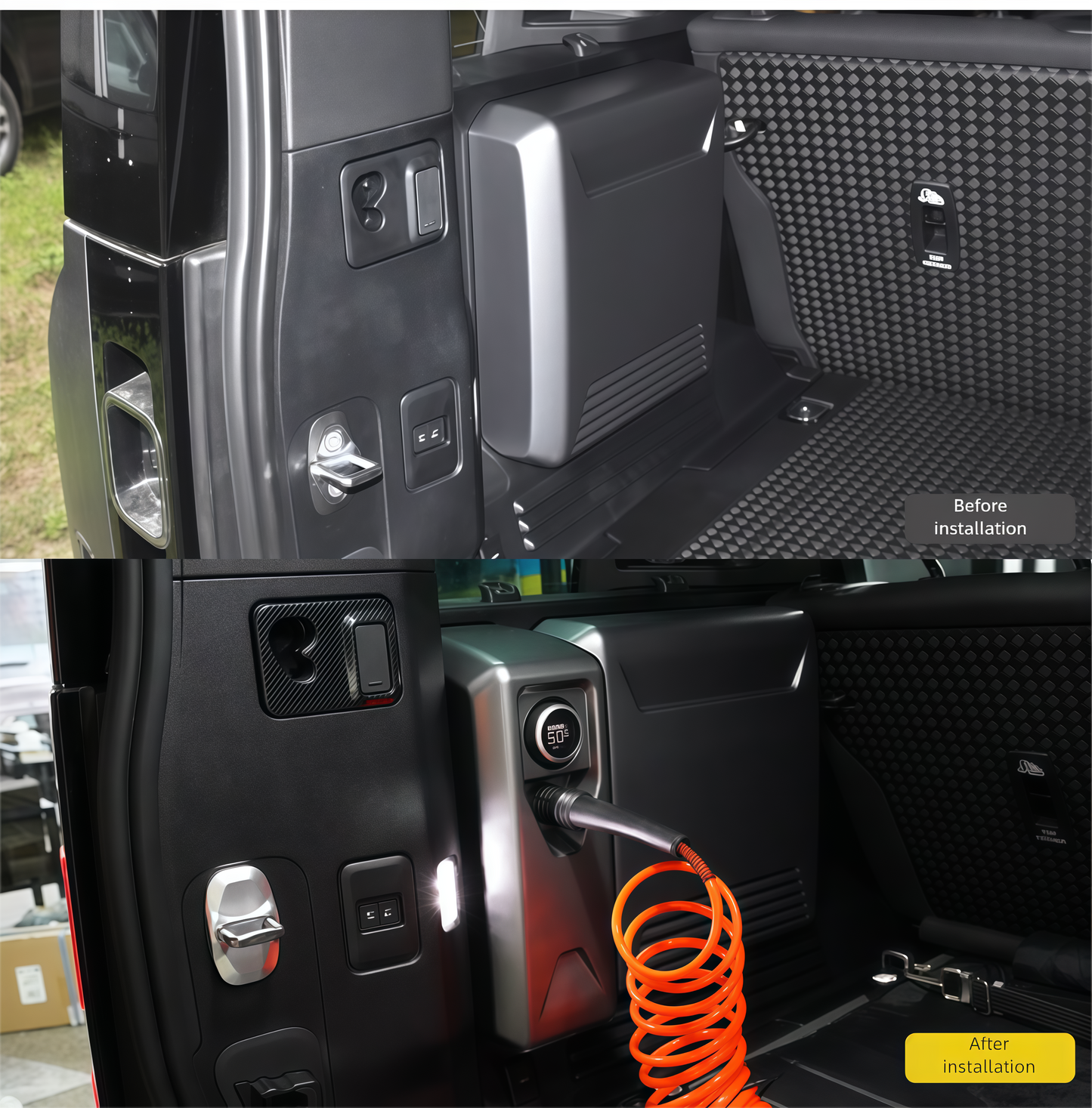 Trunk-mounted heavy-duty air compressor, close-up detail