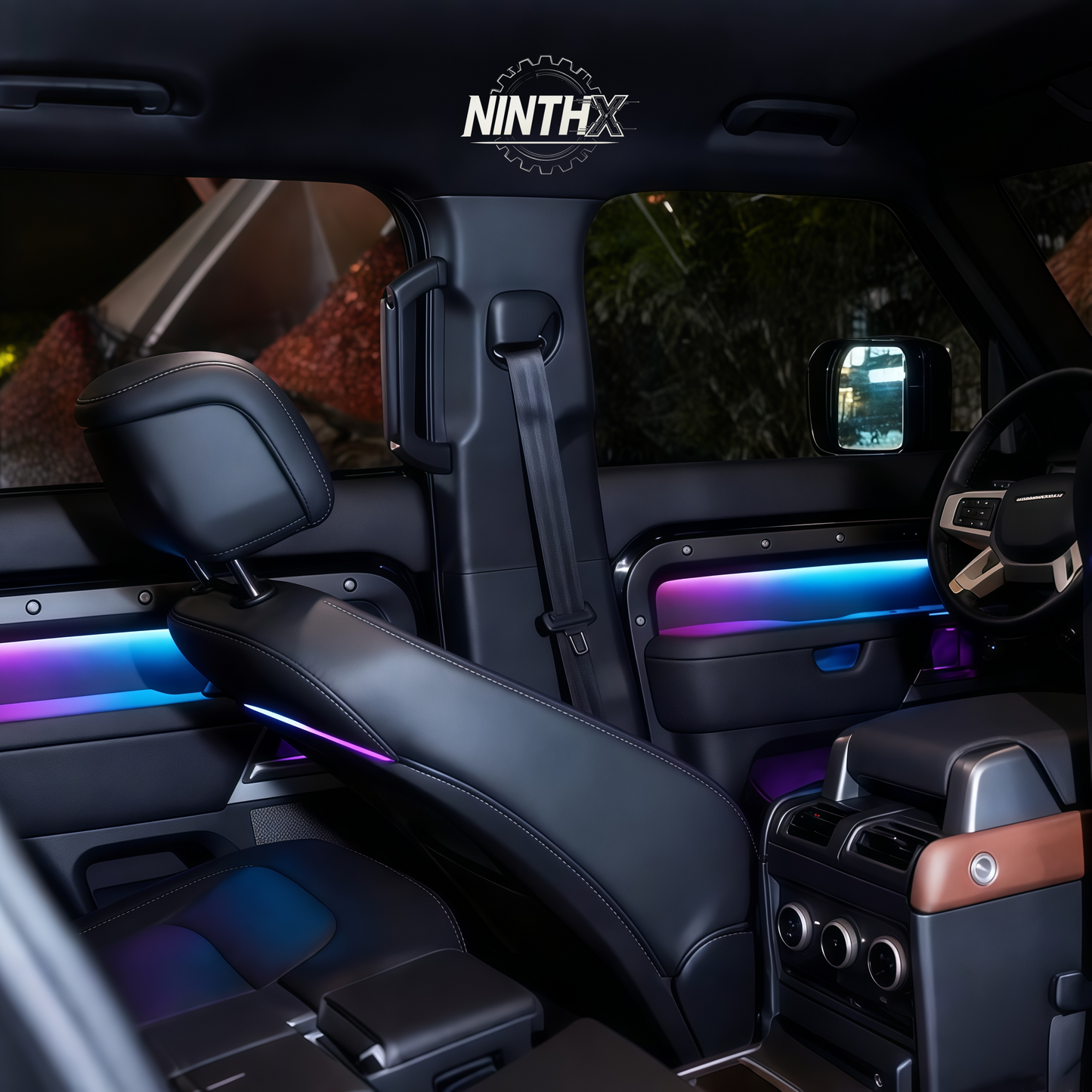 App-controlled footwell light strip retrofit, close-up detail