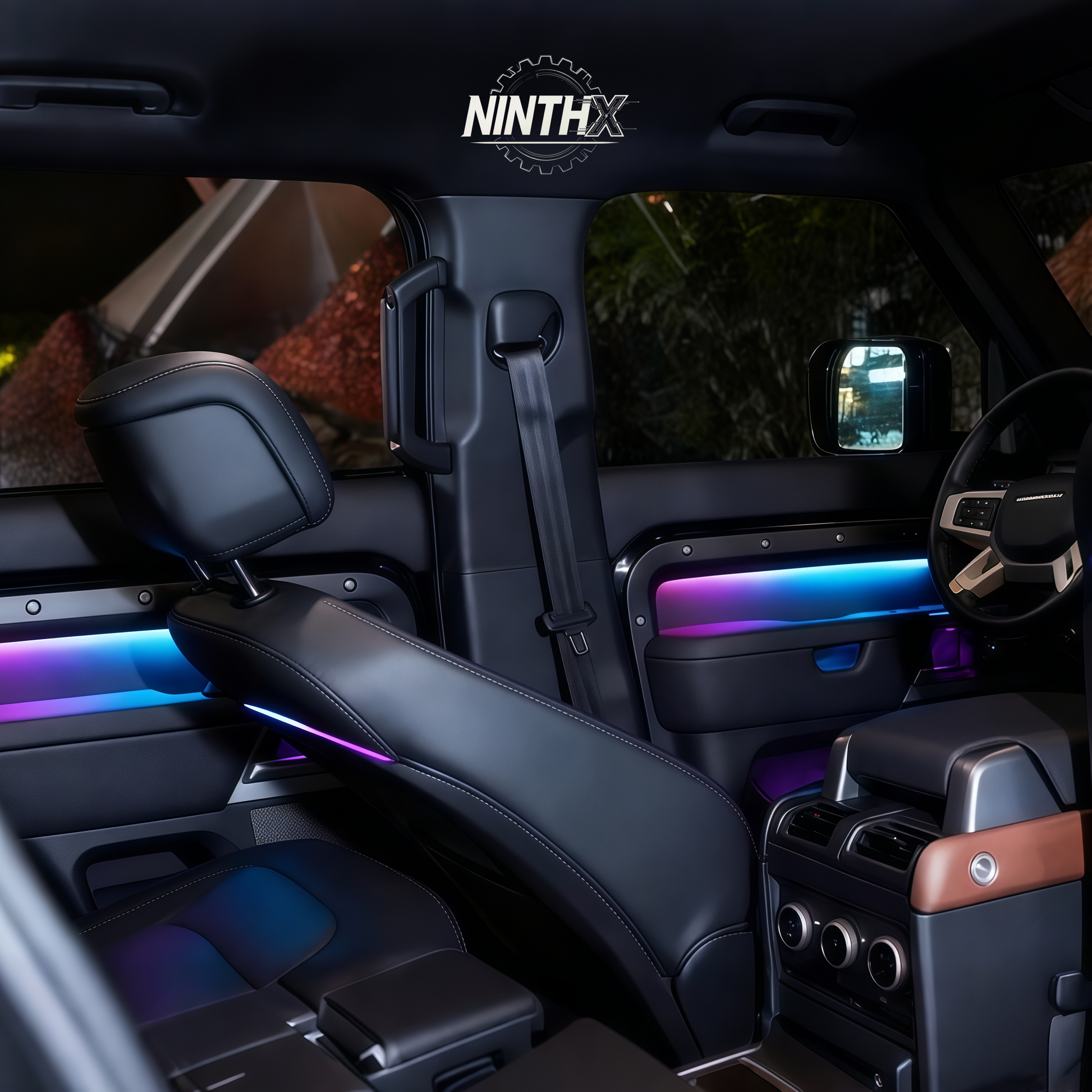 App-controlled footwell light strip retrofit, close-up detail