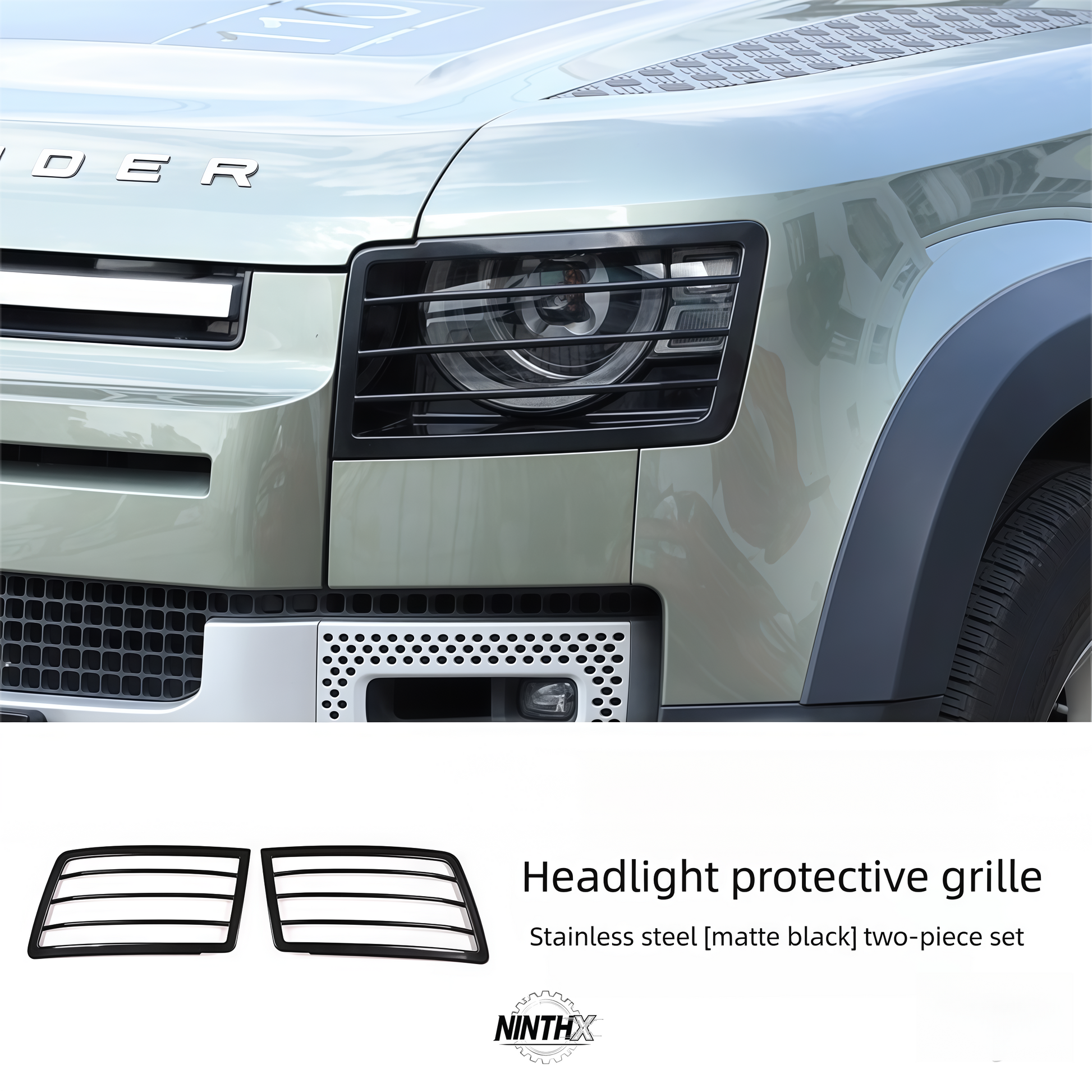 Matte-black front light protection shields, side profile
