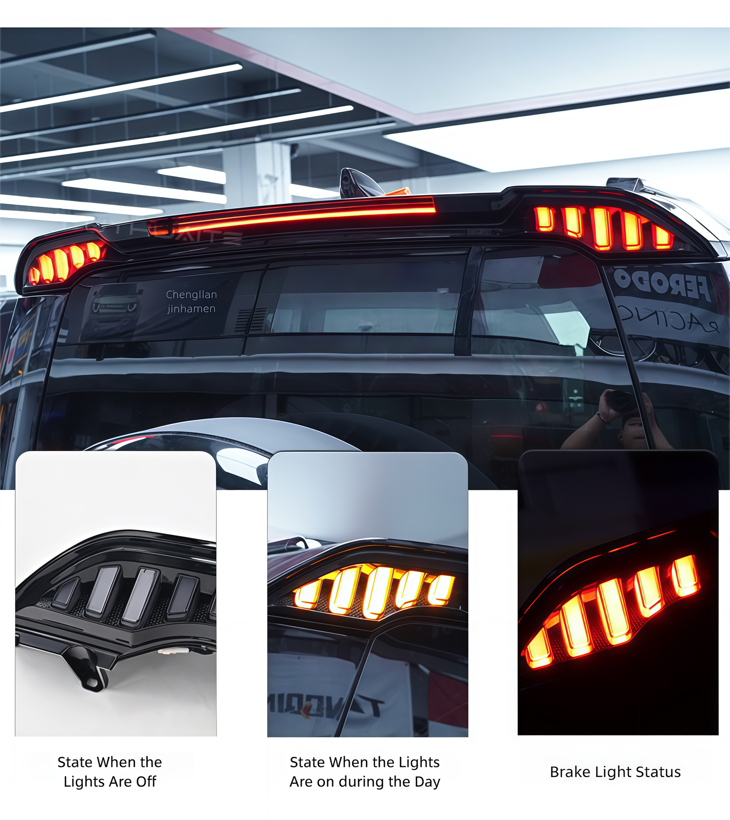 Sport-style roof spoiler with brake light for Defender L663 90/110/130, full kit view