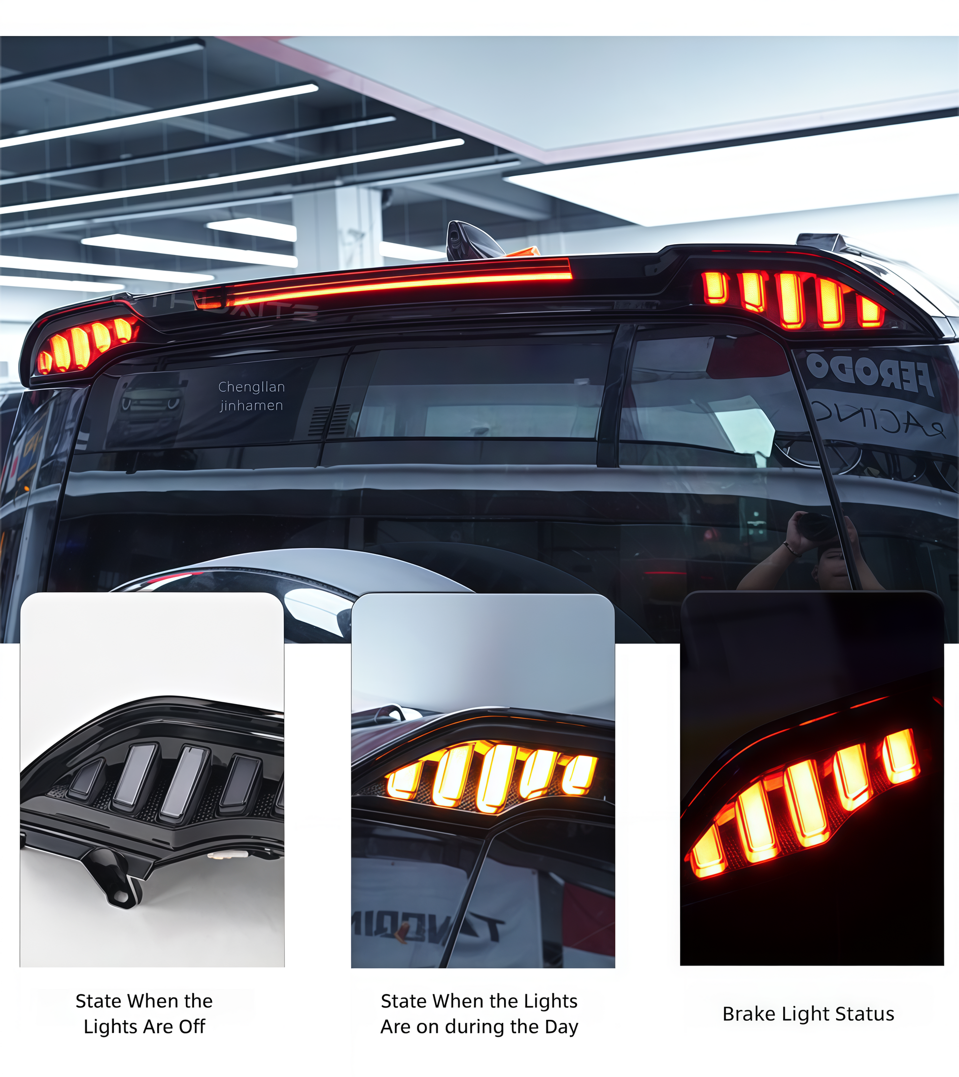 Sport-style roof spoiler with brake light for Defender L663 90/110/130, full kit view