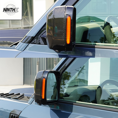 Sequential LED wing side mirror indicators, detail view