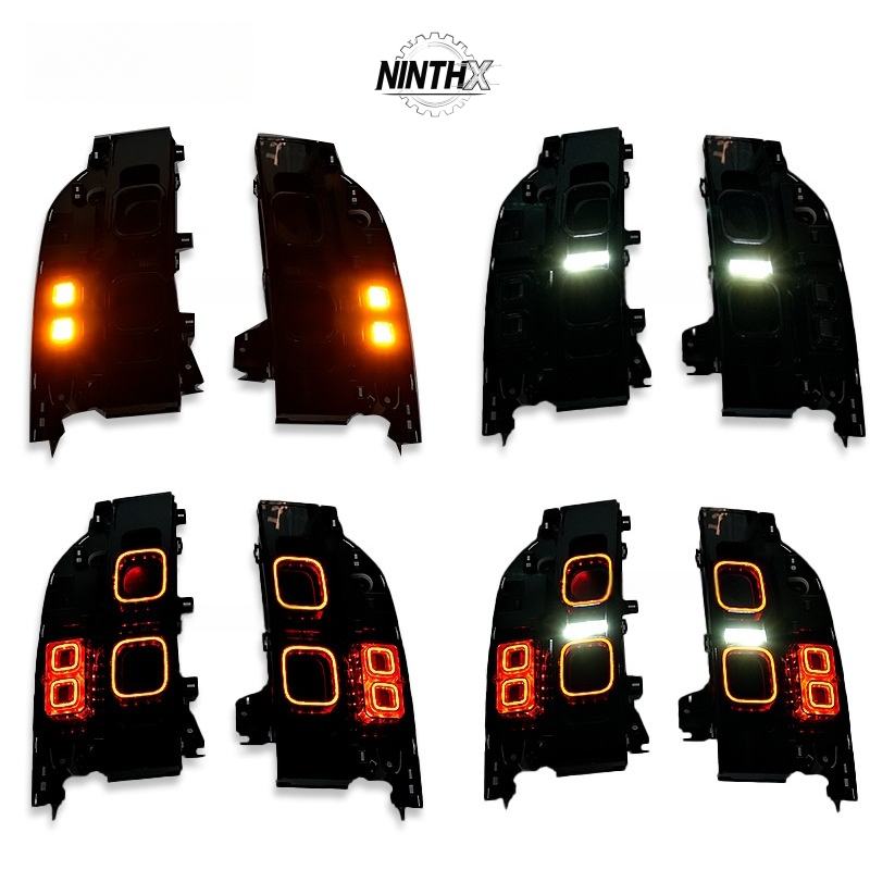 Dynamic sequential turn signal smoked taillights, rear angle view